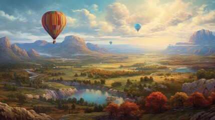 Obraz premium beautiful landscape with hot air balloons and mountains