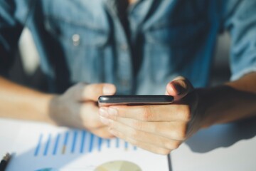 Closeup of businessman using on smartphone. He is looking at his finances, statistics, and business.