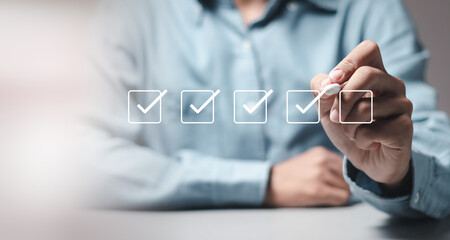 Checklist concept, businessman taking online checklist survey, filling out digital form checklist