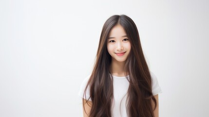 Fototapeta premium Long hair Japanese girl teenager smiles at the camera on white background with studio light.