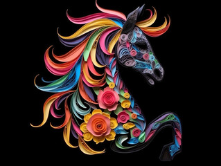 A colorful horse with flowers on its head. Generative AI.