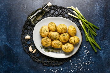 Plate of boiled baby potatoes with dill and green onion on blue background