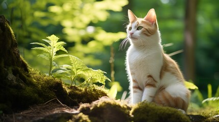 Naklejka na ściany i meble Graceful Japanese Bobtail Cat in Natural Surroundings