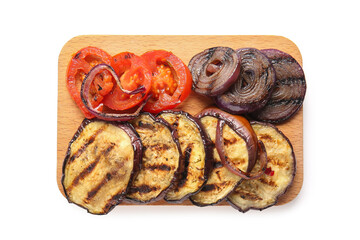 Wooden board with different tasty grilled vegetables on white background