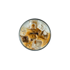 Iced coffee with ice cubes isolated on white background, top view