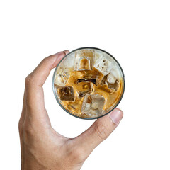 Hand holding iced coffee with ice cubes isolated on white background.