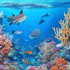 Ocean underwater with marine animals 3D ;Generated to AI