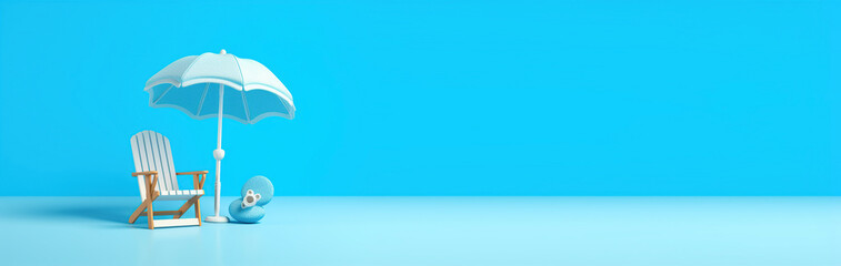 tree dimension chairs and umbrella copy space sale promotion for summer sale ,summer 3d,free space for promotion blue background 