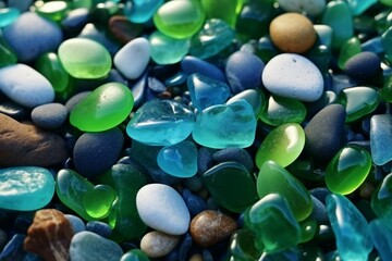 Natural polish textured sea glasses and stones on the seashore. Green, blue shiny glass with multi-colored sea pebbles close-up. Beach summer background, Generative IA