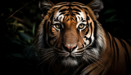 Bengal tiger staring, majestic aggression in nature tropical rainforest generated by AI