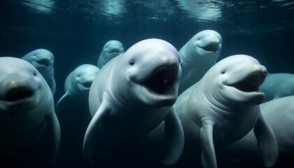 Naklejka premium Smiling seal family playfully swimming in blue underwater adventure generated by AI