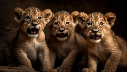 Three cute feline cubs staring, mouths open, in nature wild generated by AI - obrazy, fototapety, plakaty