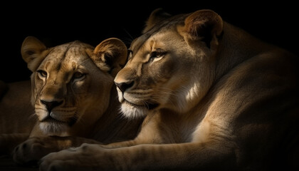 Majestic lioness and cub resting in the African savannah plain generated by AI - obrazy, fototapety, plakaty
