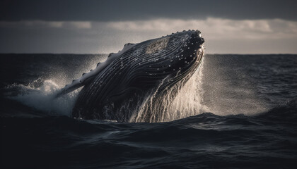 Naklejka premium Majestic humpback whale splashing in blue sea, under sunset sky generated by AI