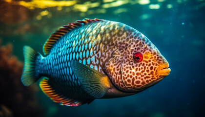 Naklejka na ściany i meble Vibrant underwater seascape showcases multi colored tropical fish in motion generated by AI