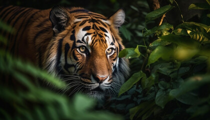 Bengal tiger staring, close up portrait of majestic big cat generated by AI