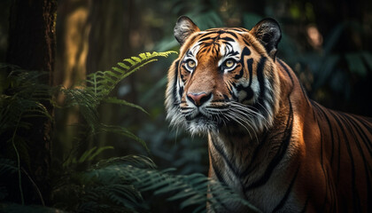 Bengal tiger staring, hiding in tropical rainforest, beauty in nature generated by AI