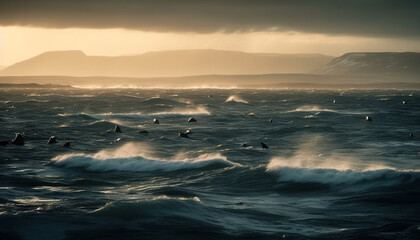 Fototapeta na wymiar Wild animals surf waves at dusk, horizon over water adventure generated by AI