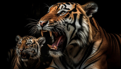 Fototapeta premium Majestic Bengal tiger staring with fury, teeth bared, in close up generated by AI