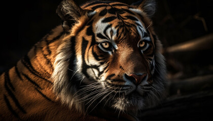 Close up portrait of majestic Bengal tiger staring with aggression generated by AI