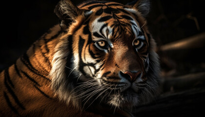 Fototapeta premium Close up portrait of majestic Bengal tiger staring with aggression generated by AI