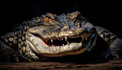 Obraz premium Furious crocodile with open mouth threatens in dark swamp generated by AI