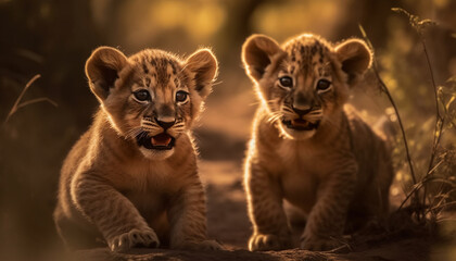 Playful lion cub hiding in grass, looking at camera cutely generated by AI