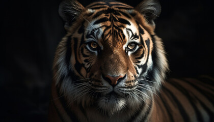 Fototapeta premium Striped feline staring with aggression, beauty in nature majesty generated by AI