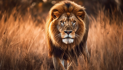 Naklejka na ściany i meble Majestic male lion walking in the savannah at sunset generated by AI