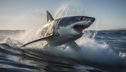 Fototapeta premium Majestic humpback breaches, teeth bared, in awe inspiring African waters generated by AI