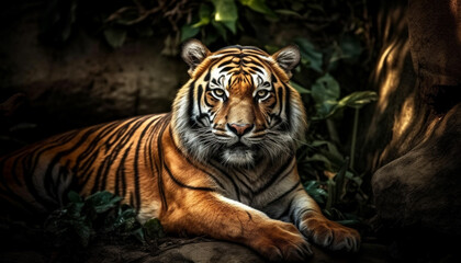 Majestic Bengal tiger staring with aggression, beauty in nature portrait generated by AI