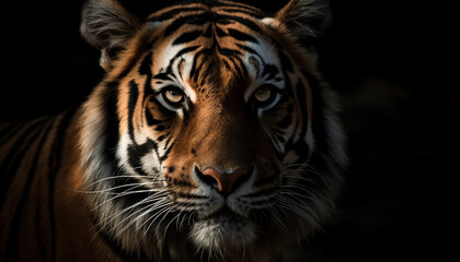 Majestic Bengal tiger staring, close up portrait, selective focus on foreground generated by AI