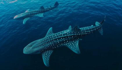 Fototapeta premium Majestic turtle swimming in deep blue sea, surrounded by marine life generated by AI