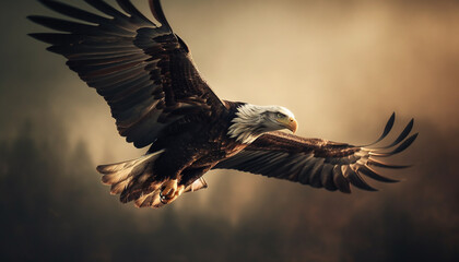 Obraz premium Majestic bald eagle spreads wings in mid air, symbolizing American culture generated by AI