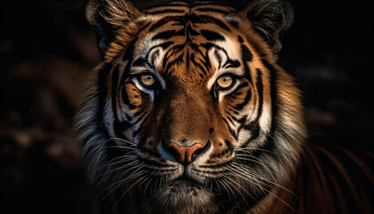 Majestic tiger staring with aggression, beauty in nature wildcat portrait generated by AI