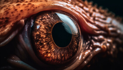 Animal eye staring, extreme close up, multi colored beauty in nature generated by AI