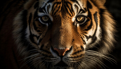 Fototapeta premium Bengal tiger staring with aggression, majestic beauty in nature generated by AI