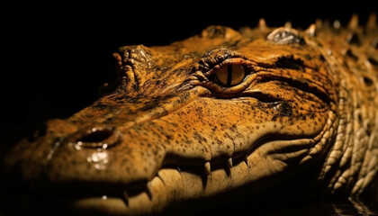 Obraz premium Aggressive crocodile snout, focused on prey in dark wet swamp generated by AI