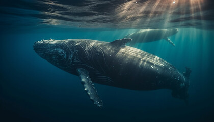 Deep below, giant humpback whale swims majestic in tropical seascape generated by AI
