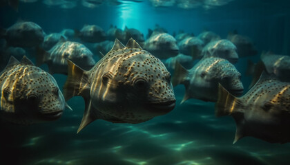 Fototapeta premium Handsome turtle swimming below majestic reef in tranquil blue waters generated by AI