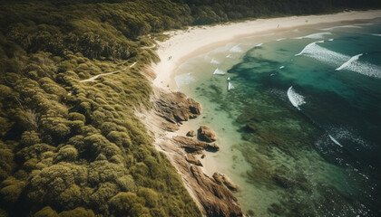 Fototapeta premium Aerial view of idyllic tropical coastline, reef, and crystal waters generated by AI