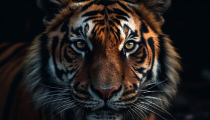 Fototapeta na wymiar Close up portrait of majestic Bengal tiger staring with aggression generated by AI