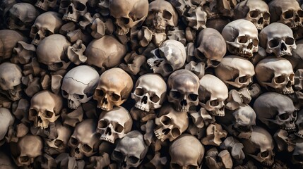 Pile of human skulls and bones - obrazy, fototapety, plakaty