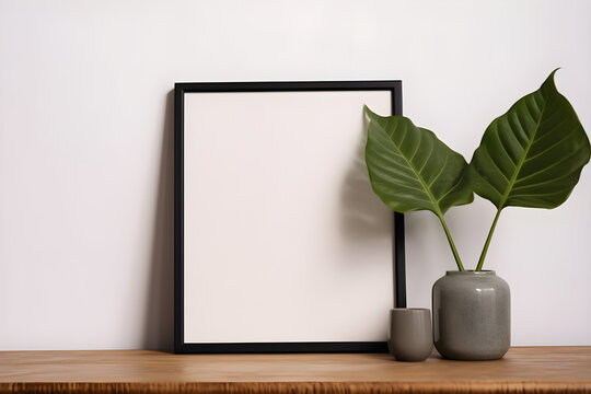 Photo frame and green leaf in a vase. Mockup