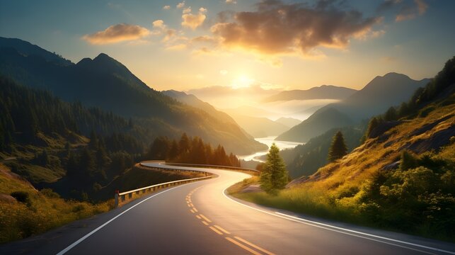 Winding road in the mountains at sunset, stretching into the distance