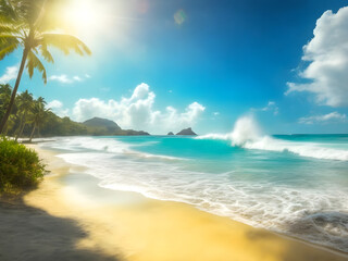 Fototapeta na wymiar Paradise beach waves and radiant sun in the sky,generative ai
