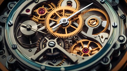 Gears and cogs in clockwork watch mechanism closeup