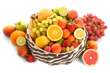 Bowl with different fresh fruits on white background