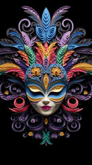 Fototapeta na wymiar A colorful mask with feathers on a black background. Generative AI.