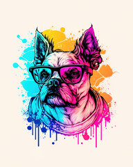 retrowave dog with glasses character design, watercolor graffiti art, graphic, neon colors, design for tshirt, ai generative